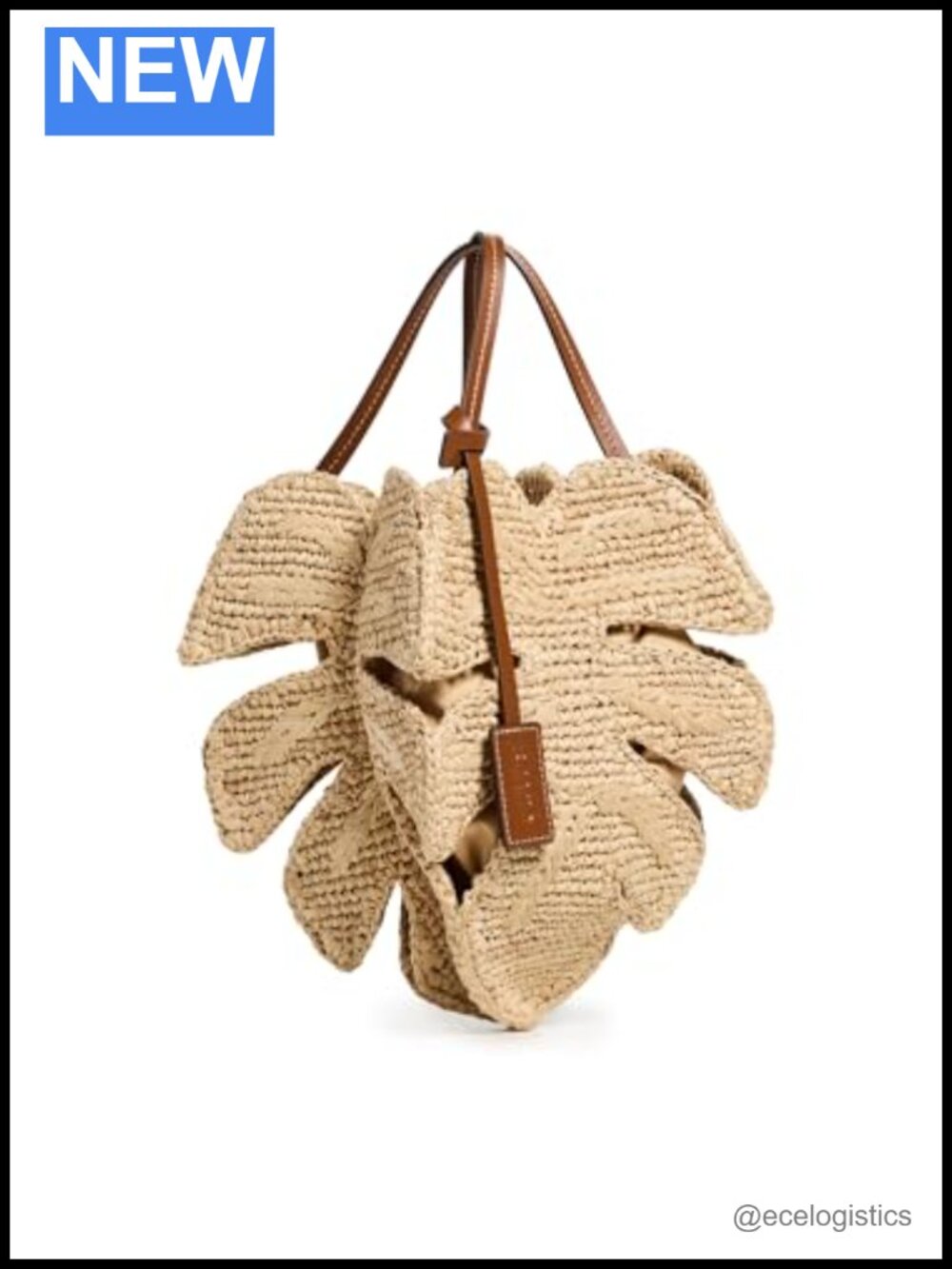 Woven Raffia Palm Bag with Leather Trim - Shoulder Handbag